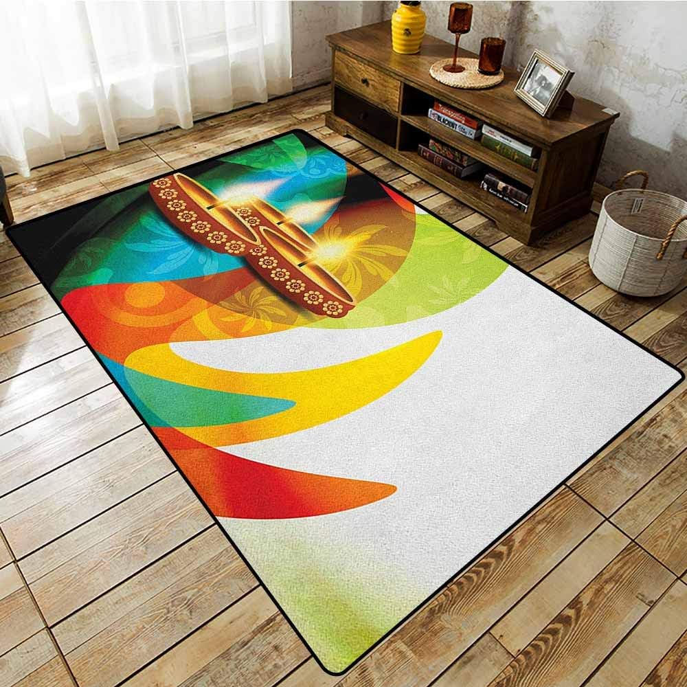 Custom Rug，Diwali，Modern Rainbow Colored Detailed Paisley Design with Festive Candle Artwork Print，Machine-Washable/Non-Slip Multicolor