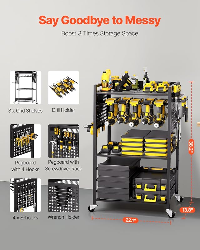 Carrello Portautensili a 4 Ripiani, Capacità di Carico 68 kg Carrello Porta Attrezzi con Ruote per Trapano e Rastrelliera di Stoccaggio Stabile, per Impieghi Gravosi per Officina, Garage, Nero