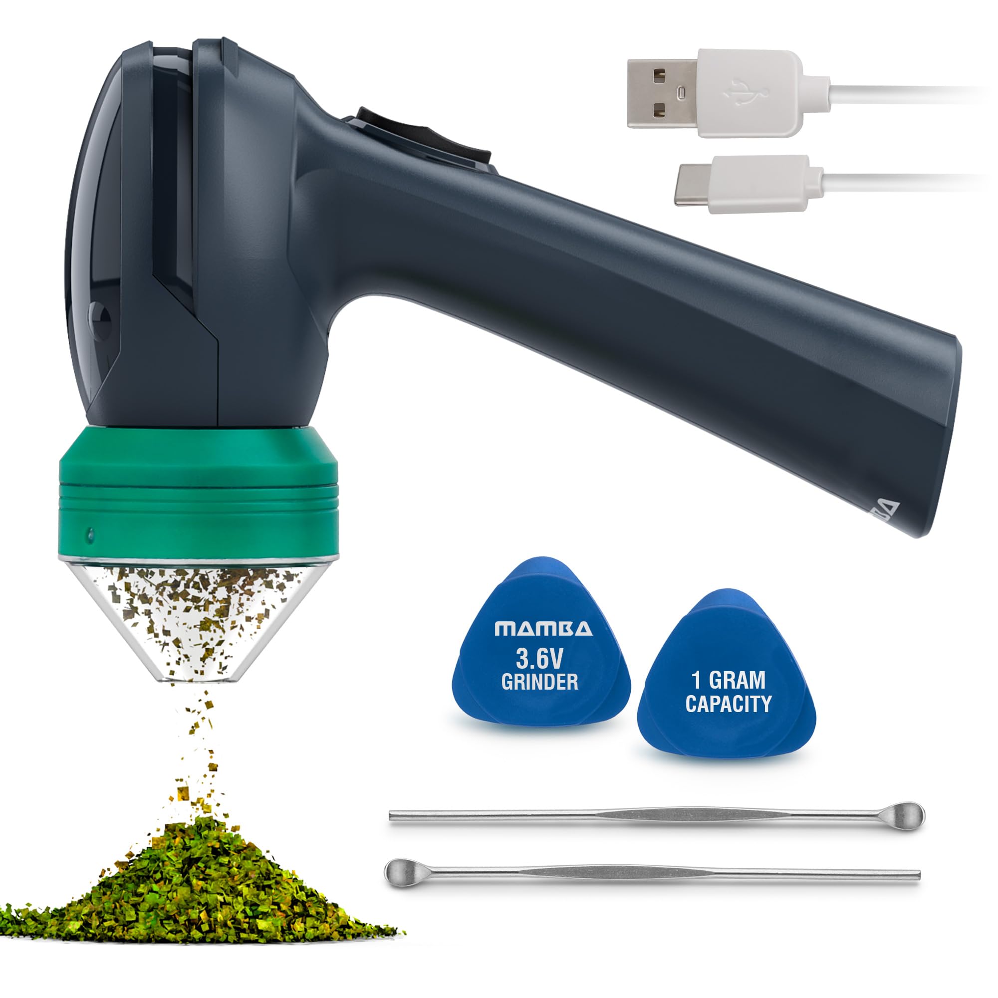 Mamba Electric Herb Grinder – USB Rechargeable Spice Grinder, Lite 0.75g Gray, Lightweight All-Plastic Head, One-Handed Portable Herb Mill