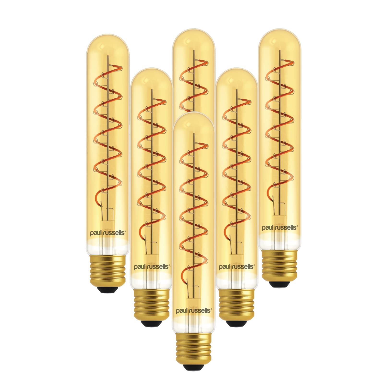 paul russells Flexible Spiral Filament T32 LED Edison Screw E27 Vintage Lights - Pack of 6 – 25W Equivalent, 4W 1800K ES Long Tube Decorative Retro Bulbs Non-Dimmable - Extra Warm White, Flicker Free
