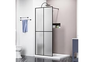Goodyo 34"- 46" x 72" Glass Shower Door Clear Tempered Glass Panel Fixed Shower Screen for Walk-in Bathroom Matte Black Finish (34" W x 72" H Grid Frost)