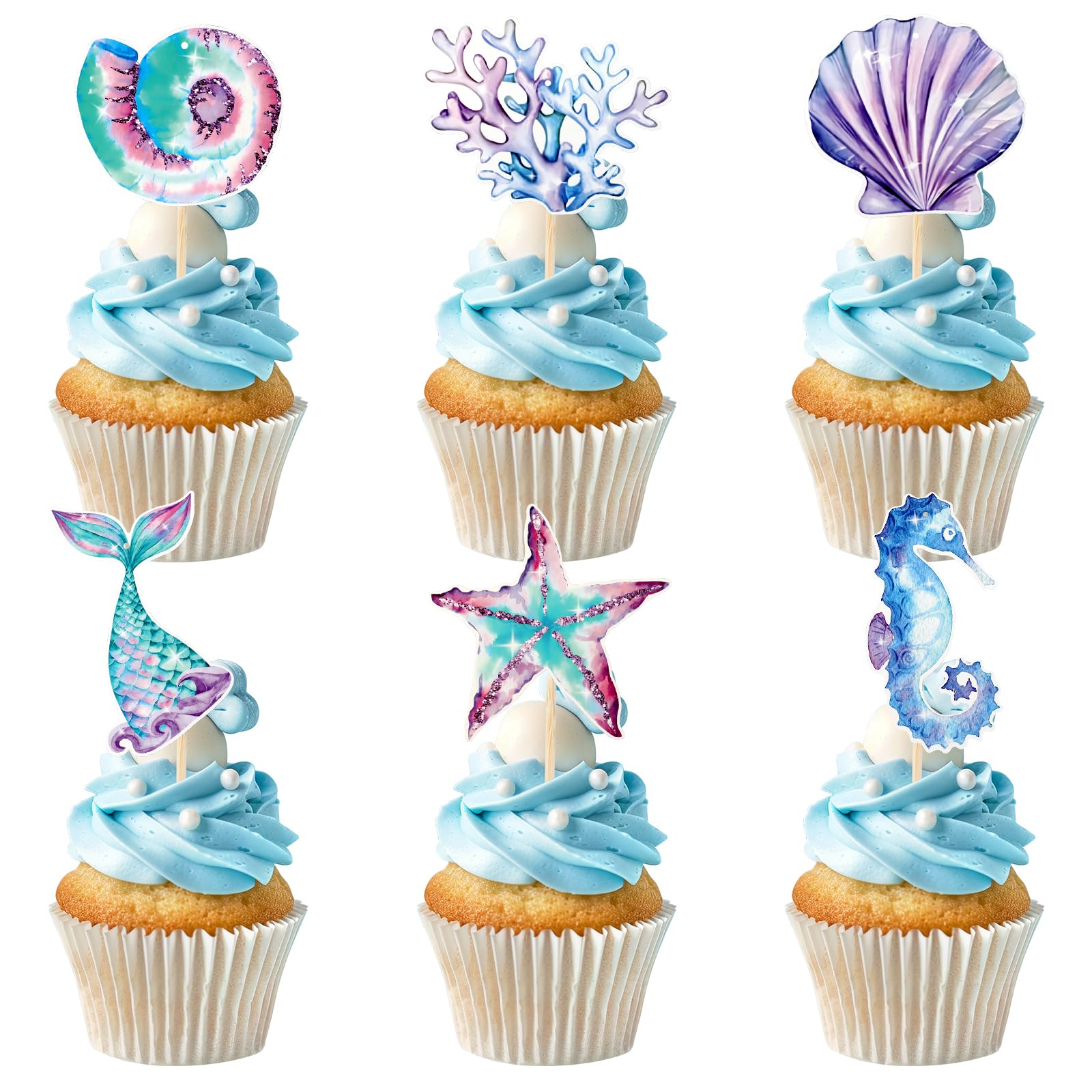 Photo 1 of 36Pcs Mermaid Tail Cupcake Toppers, Mini Under the Sea Shell Cake Decorations for Girls Mermaid theme Birthday Party Supplies