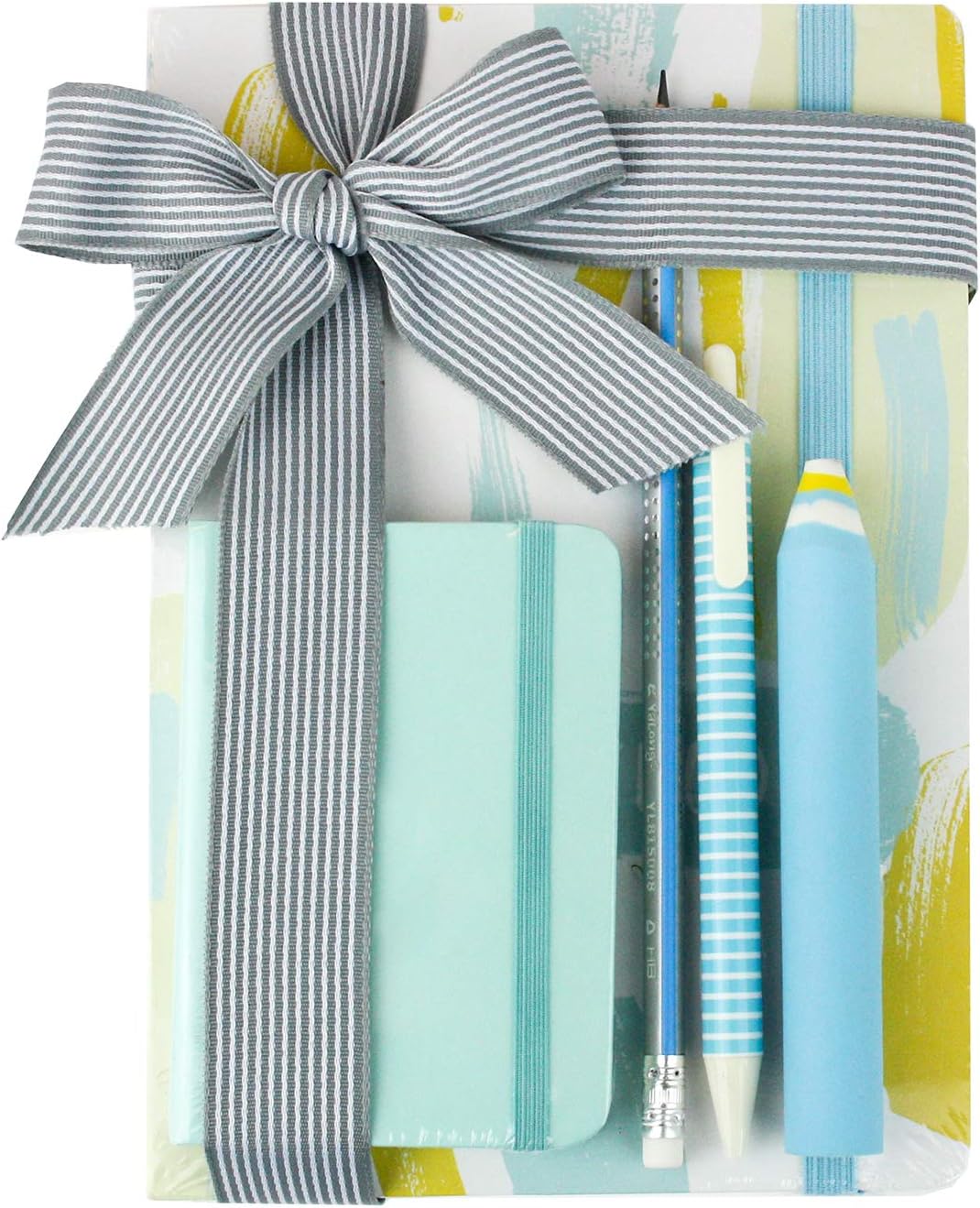Emartbuy Cool Stationery Unique Gift Set including A5 and A7 Notebook Journal Gel Pen Pencil Erasers in Ribbon - Blue Yellow