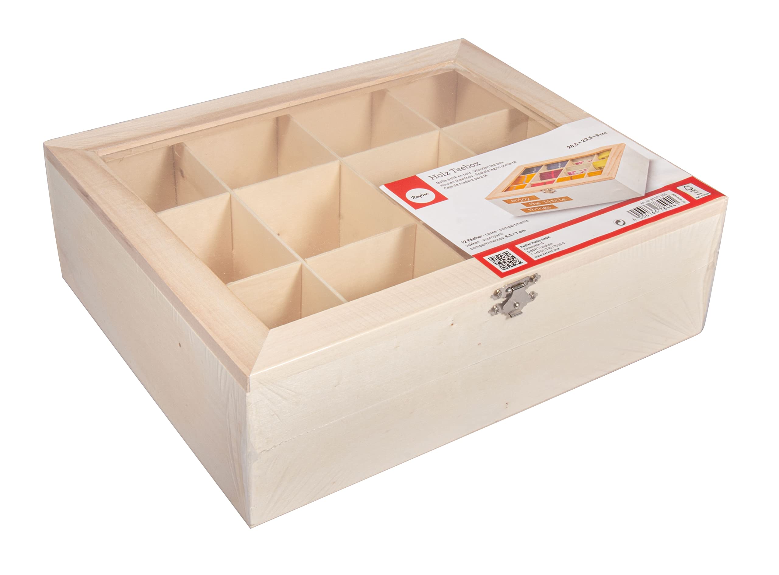 Rayher 62972505 Tea Storage Box with 12 Compartments, Wooden Tea Chest with Lid, Natural Wood, 28.5 x 23.5 x 7 cm