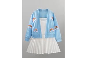 Girls 3 Piece Outfit Set Long Sleeve Open Front Cardigan Rainbow Embroidery Sleeveless Tank Top Pleated Cute Skirt