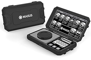 MAXUS Milligram Scale 50g/0.001g, Compact Mg Scale with 50g Calibration Weight, Black Powder Scale for Reloading, Includes a Scoop, a Powder Pan, a USB Cable and Tweezers