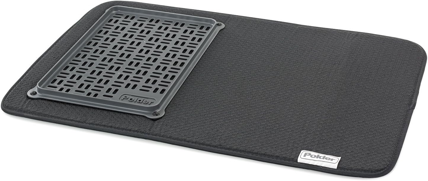Polder Dish Mat with Tray, Microfibre, Grey, 38 x 55 x 2 cm