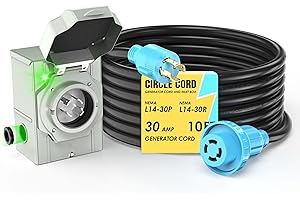 CircleCord 4 Prong 10 Feet 30 Amp Generator Extension Cord and Inlet Box with Locking Connector, Heavy Duty NEMA L14-30P/L14-30R, 125/250V 7500W 10 Gauge SJTW Generator to House Power Cord