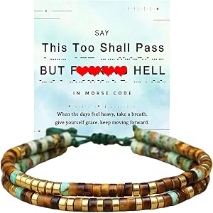 PENGION Morse Code Motivational Bracelet with Card, Tiger Eye and African Turquoise Beads, Adjustable Stackable Wrap Bracelet