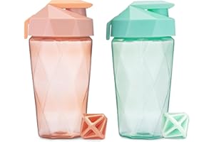 Keelo Bottle Classic 20 oz Blender Shaker Bottle | Protein Shaker Bottle with Diamond Agitator | Shaker Cup with Carrying Handle and Dishwasher Safe | 2 Pack - Peach & Mint