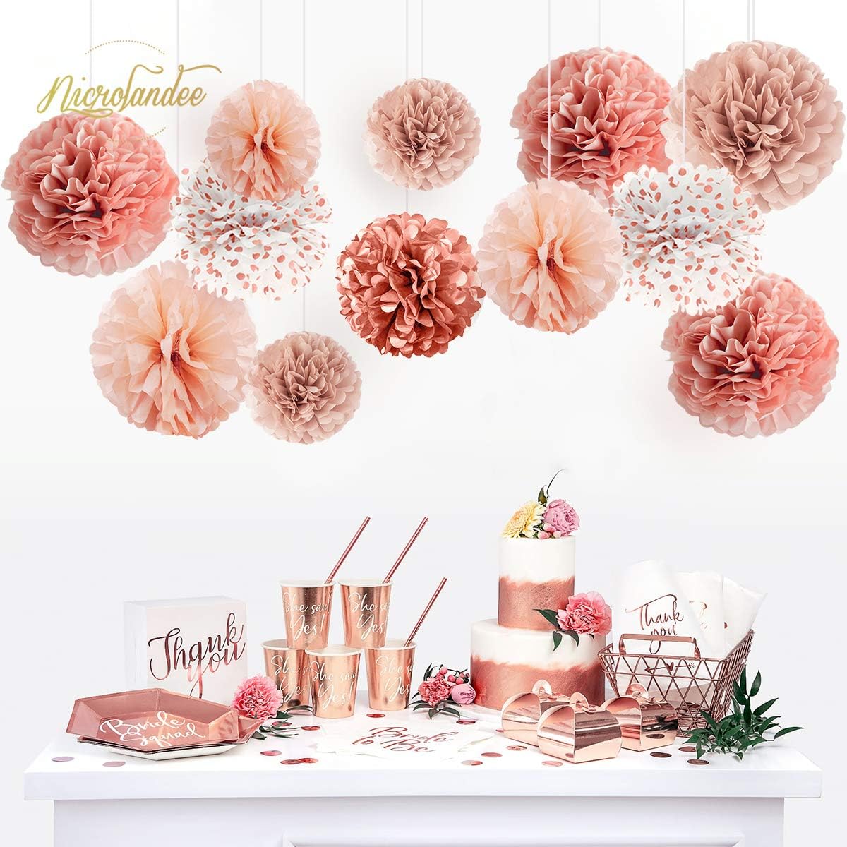 NICROLANDEE Wedding Decorations - 12 PCS Rose Gold Burnt Coral Tissue Paper Pom Poms for Engagement Party Wedding Birthday Bridal Shower Bachelorette Baby Shower Ceiling and Party Backdrop Decor: Health & Personal Care