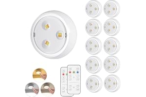 YLXS 10 Pack LED Puck Light with Remote, 3 Color Battery Operated Dimmable Push Tap Light, Portable Under Cabinet Lighting Stick On, for Closet Kitchen