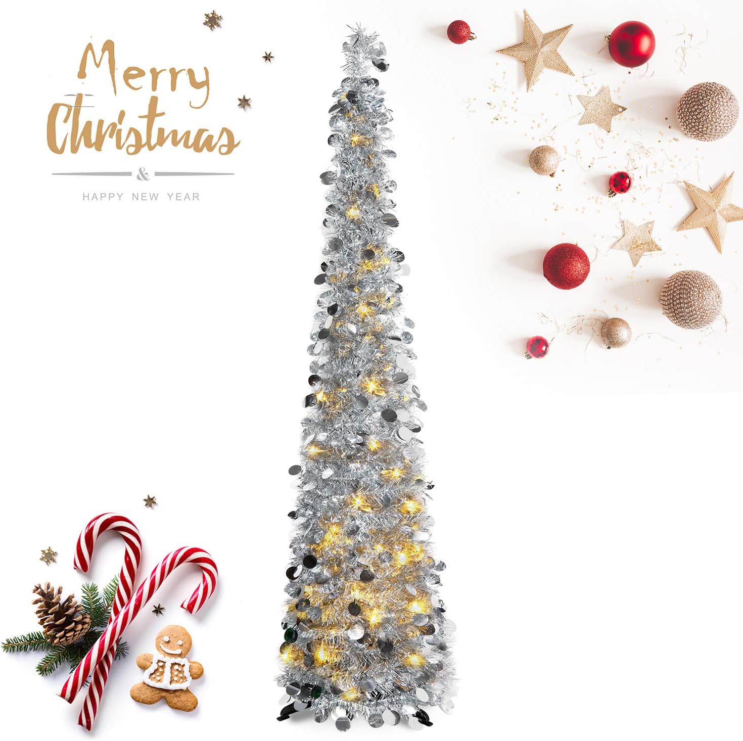 HMASYO Pop Up Tinsel Christmas Tree with Lights - 5 Foot Sequin Artificial Christmas Pencil Trees Xmas Decorations for Home Office Fireplace Party, Collapsible and Easy to Assemble (5 Foot - Silver)