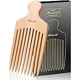 Bamboo Hair Pick for Curly Hair, Premium Wooden Wide Tooth Detangling Comb with Ergonomic Handle, Natural Volume & Styling Tool for Men Women, Fine or Thick Beard Pick