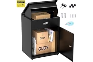 GUGY Package Delivery Boxes for Outside - Anti-Theft Parcel Drop Box with Lock, 22.8"x17.3"x13.7" Secure Package Lock Box with Galvanized Steel, IPX3 Waterproof for Porch, Courtyard, Home, Black