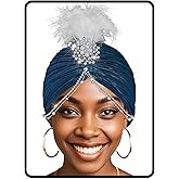 Bohend Women's Vintage Rhinestone Turban Headwrap Beanie Hat with Pearl Brooch, Feather Accent & Pre-Tied Pleated Bonnet