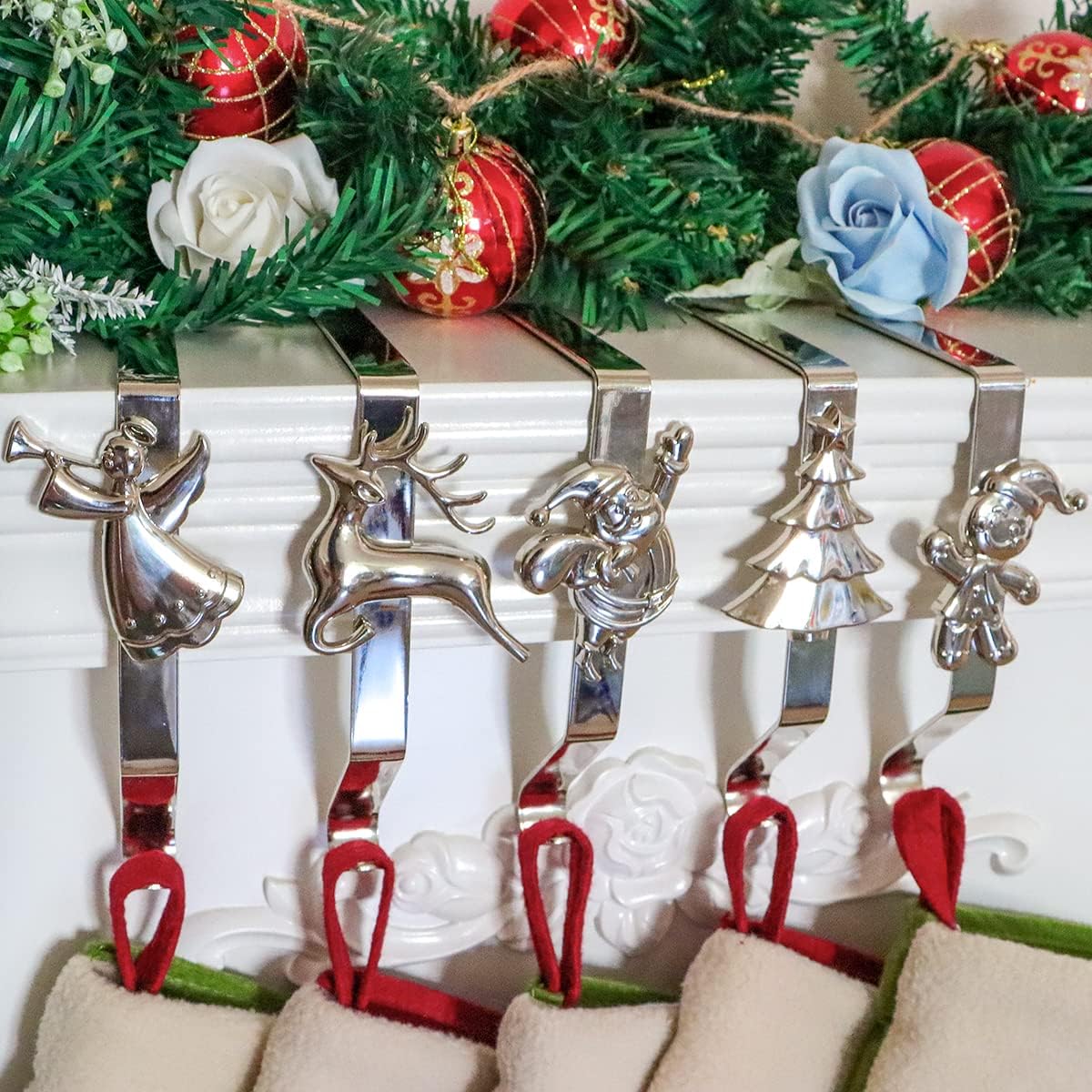 Stockings & Holders - Christmas Stocking Holder for Mantle Set of 5, Reusable Christmas Stocking Hooks, No-Damage Xmas Hanger for Fireplace Mantle Grip Stand Christmas Decoration Ornaments Hanging Sliver Shelf Floor