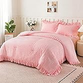 NTBED Seersucker Comforter Set for Girls Kids, Soft Chic Ruffled Bedding Sets,5 Pieces Princess Bed in a Bag(Pink,Twin)