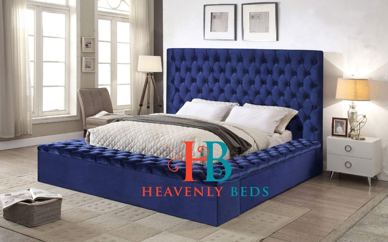 Ambassador Full Chesterfield Bed Frame in Crushed Velvet, Chenille, Plush Velvet (6ft Super King, Black Plain Plush Velvet)