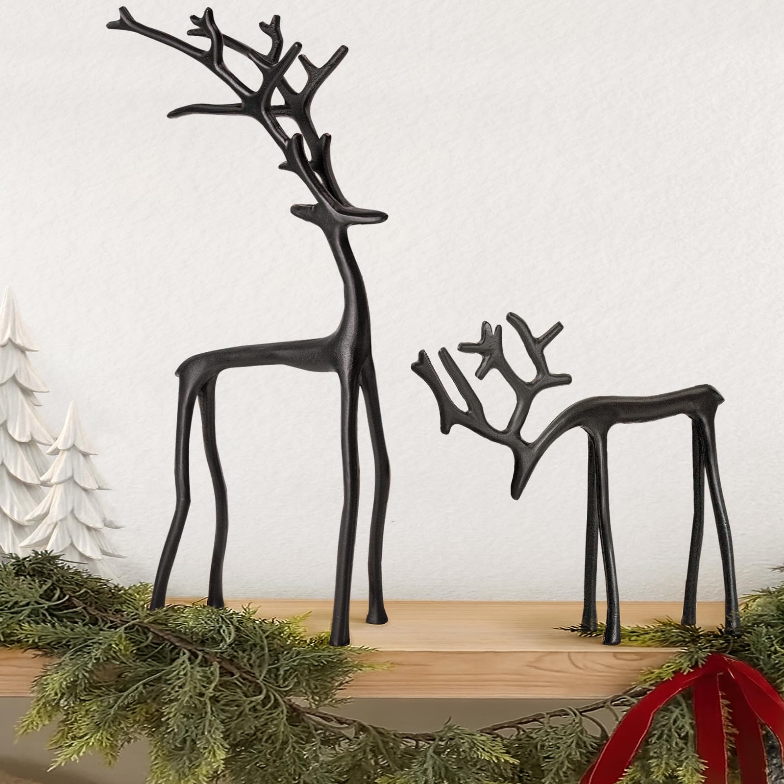 Photo 1 of Christmas Decorations - Set of 2 Black Reindeer Statues - Modern Aluminum Alloy Xmas Figurines - Elegant Indoor Holiday Decor - Table Centerpieces - Ideal for Mantel Living Room Bedroom Office