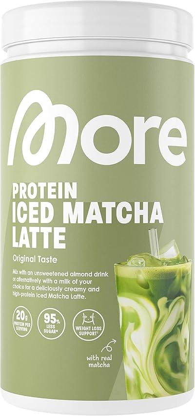 MORE Protein Iced Matcha Latte, 500g, Matcha Grünteepulver mit wertvollen Proteinen, wenig Zucker und Fett - made in Germany