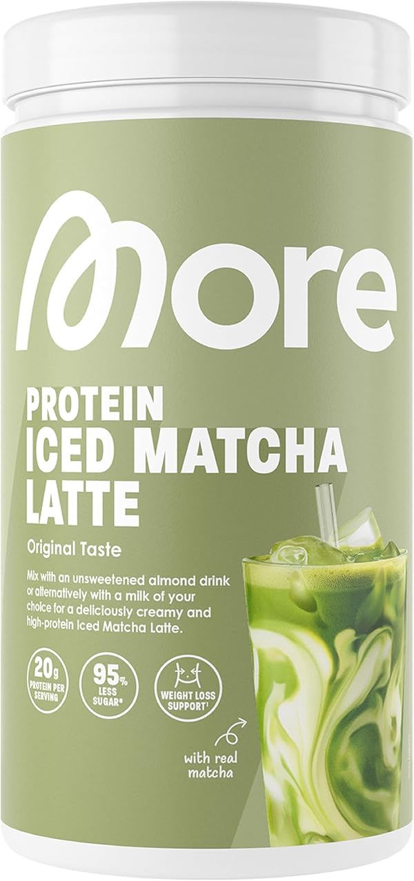MORE Protein Iced Matcha Latte, 500g, Matcha Grünteepulver mit wertvollen Proteinen, wenig Zucker und Fett - made in Germany