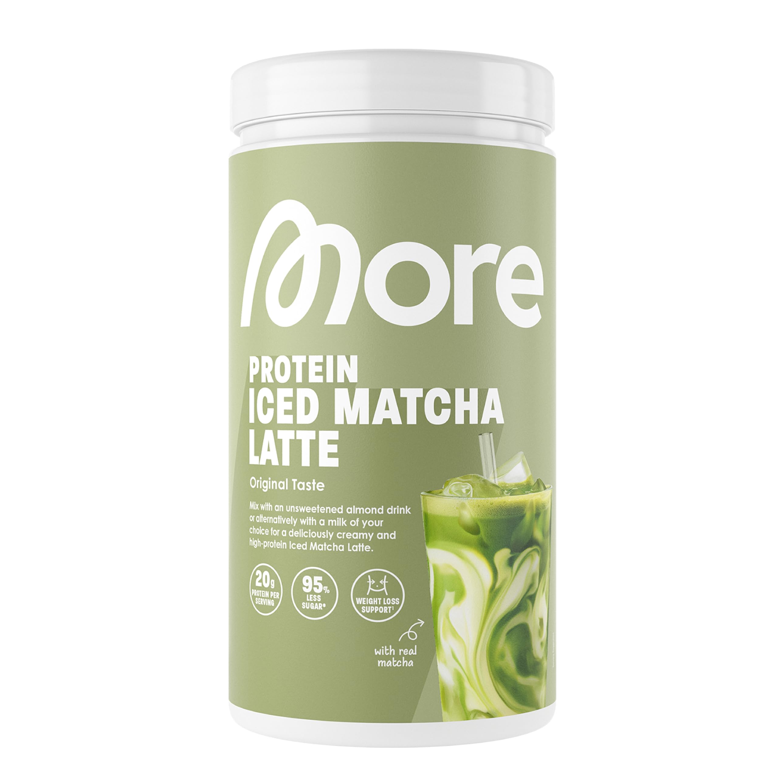 MORE Protein Iced Matcha Latte, 500g, Matcha Grünteepulver mit wertvollen Proteinen, wenig Zucker und Fett - made in Germany