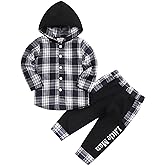 Axumity Toddler Baby Boys Clothes Plaid Button Down Hooded Shirt + Sweatpants Fall Winter Outfits Set