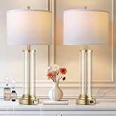Glass Table Lamps Set of 2, Modern Gold Dimmable Beside Lamps for Bedroom | 2 Dimmable LED Bulbs, USB A+C Charging Ports, Modern Gold glass lampshade, Seamless Dimming Touch Control