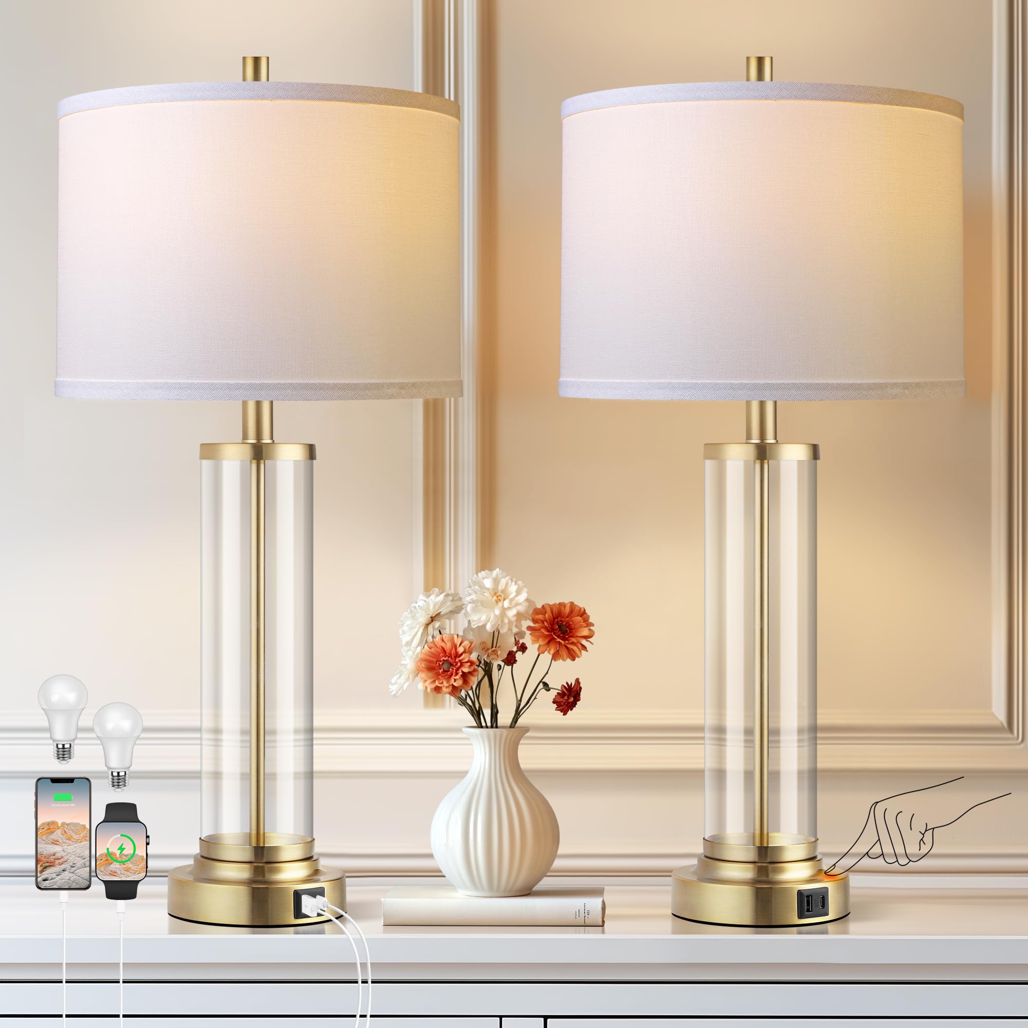 Photo 1 of QiMH Lamps for Bedrooms Set of 2, Touch Control Table Lamps with USB A+C Ports, 3-Way Dimmable Bedside Lamp with Fabric Lampshade, Modern Nightstand Lamp for Living Room Bedroom (LED Bulbs Included)
