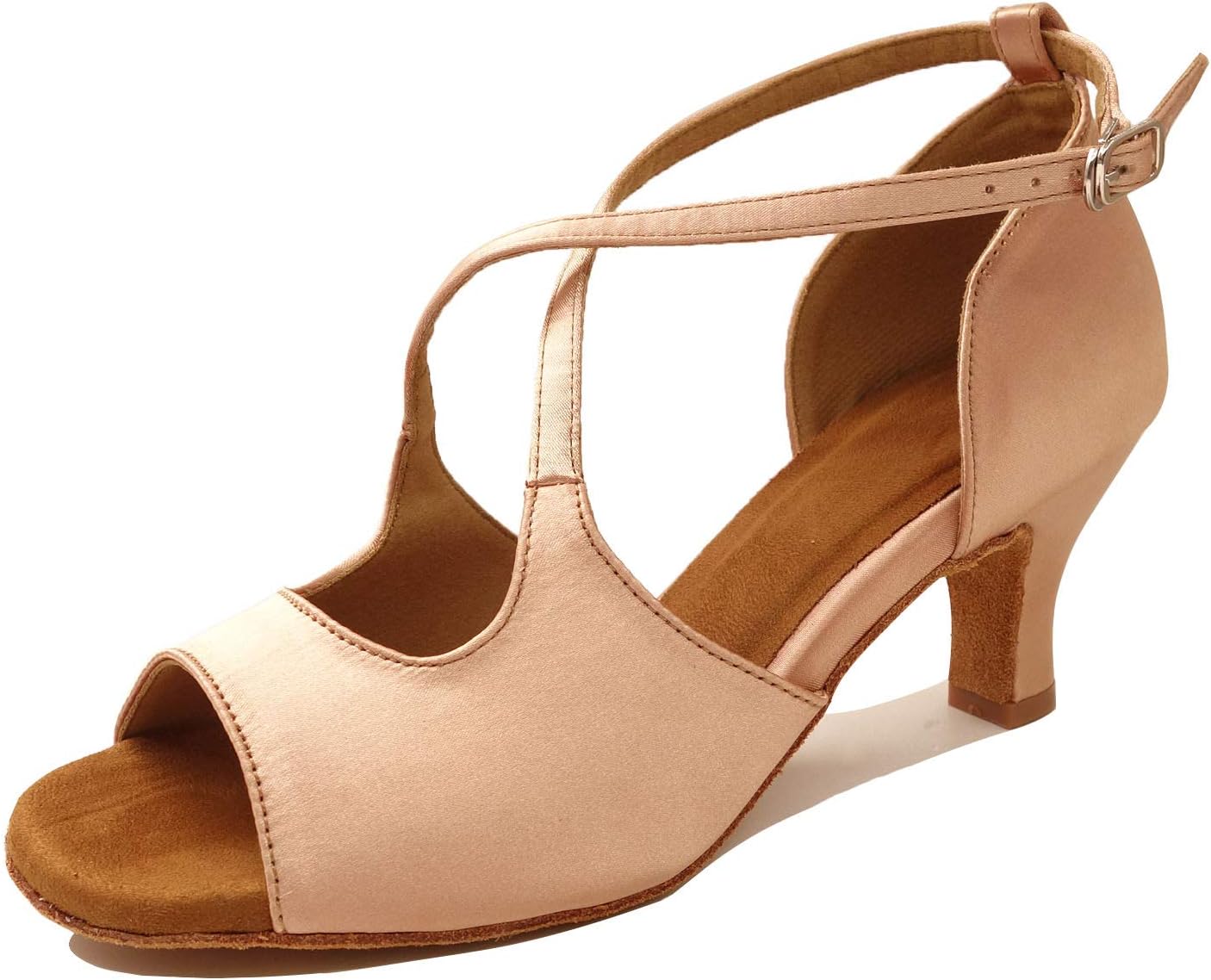 Indoor Ballroom Dance Shoes for Womens Latin Salsa Floral Satin 3" 2.5" 2" Heel (Nude,8.5)