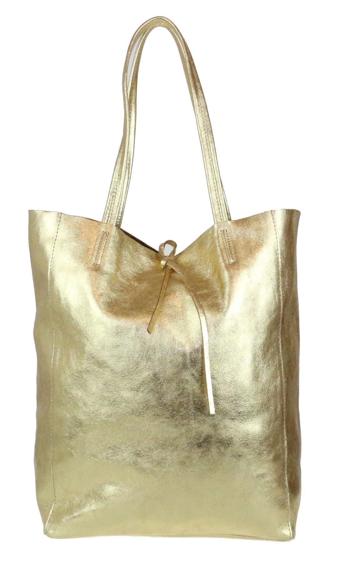 Girly Handbags Womens Open Top Genuine Leather Handbag - Metallic Gold