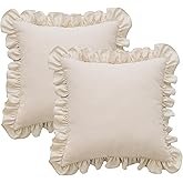 Waffle Weave Textured Throw Pillow Covers Set of 2 with Washed Cotton Retro Ruffle Flounces Trim Solid Decorative Pillow Cases for Home Livingroom and Bedroom Decor 18x18 Inch (Beige, 18x18 in)