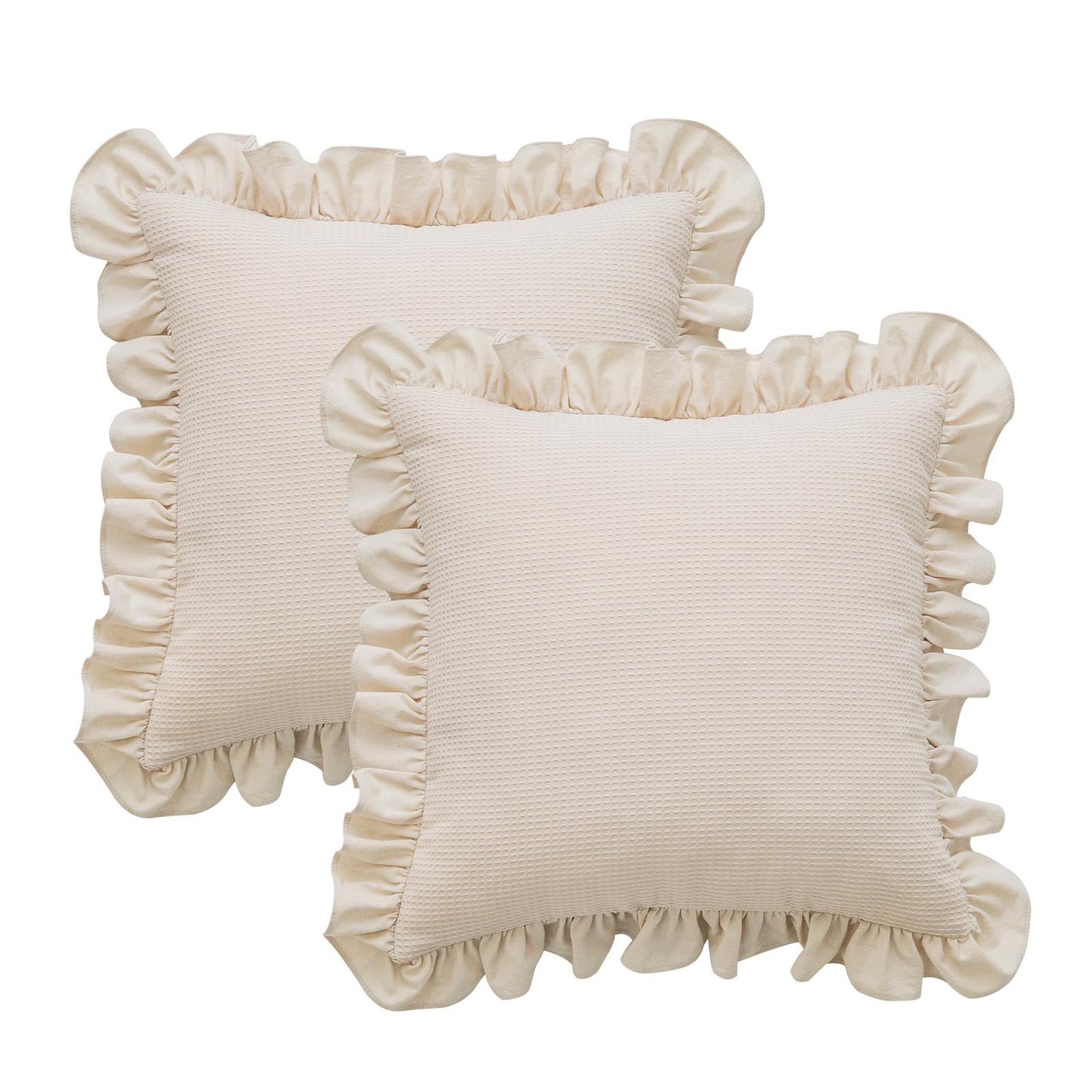 Photo 1 of Waffle Weave Textured Throw Pillow Covers Set of 2 with Washed Cotton Retro Ruffle Flounces Trim Solid Decorative Pillow Cases for Home Livingroom and Bedroom Decor 18x18 Inch (Beige, 18x18 in)