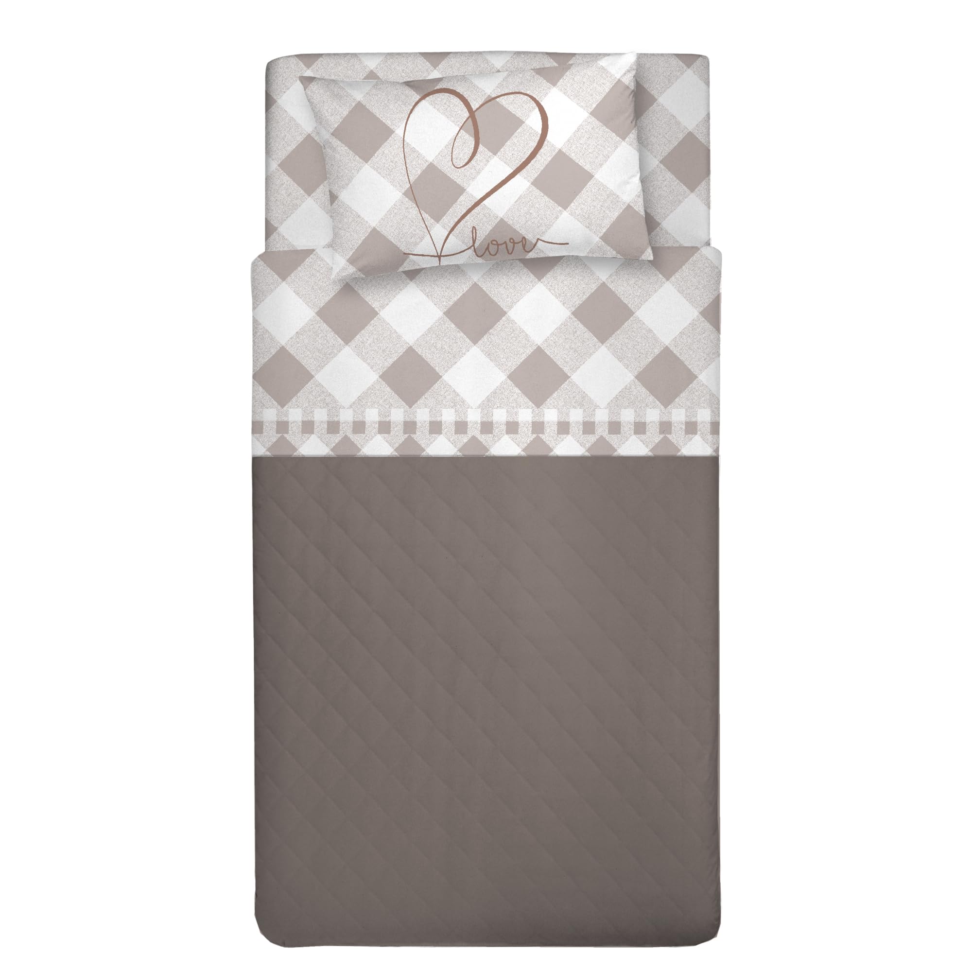PENSIERI DELICATI Single Bed Sheet Set, 100% Cotton, 90 x 200 cm Single Bed Sheet Set, Includes Bottom Sheet, Top Sheet and 1 Pillowcase, Made in Italy, Beige Lovely Check Pattern