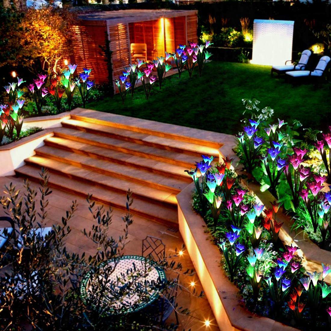 2 Pack Outdoor Solar Lights, AOIEORD Multi-Colors Changing Solar LED Flower Stake Lights with 8 Lily Flowers, Perfect for Garden, Patio, Backyard Decorating Halloween & Christmas (Purple & White)