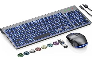SABLUTE Backlit Wireless Keyboard and Mouse, Slim Quiet Rechargeable Keyboard with RGB Mouse, Compact Portable 2.4G Cordless 