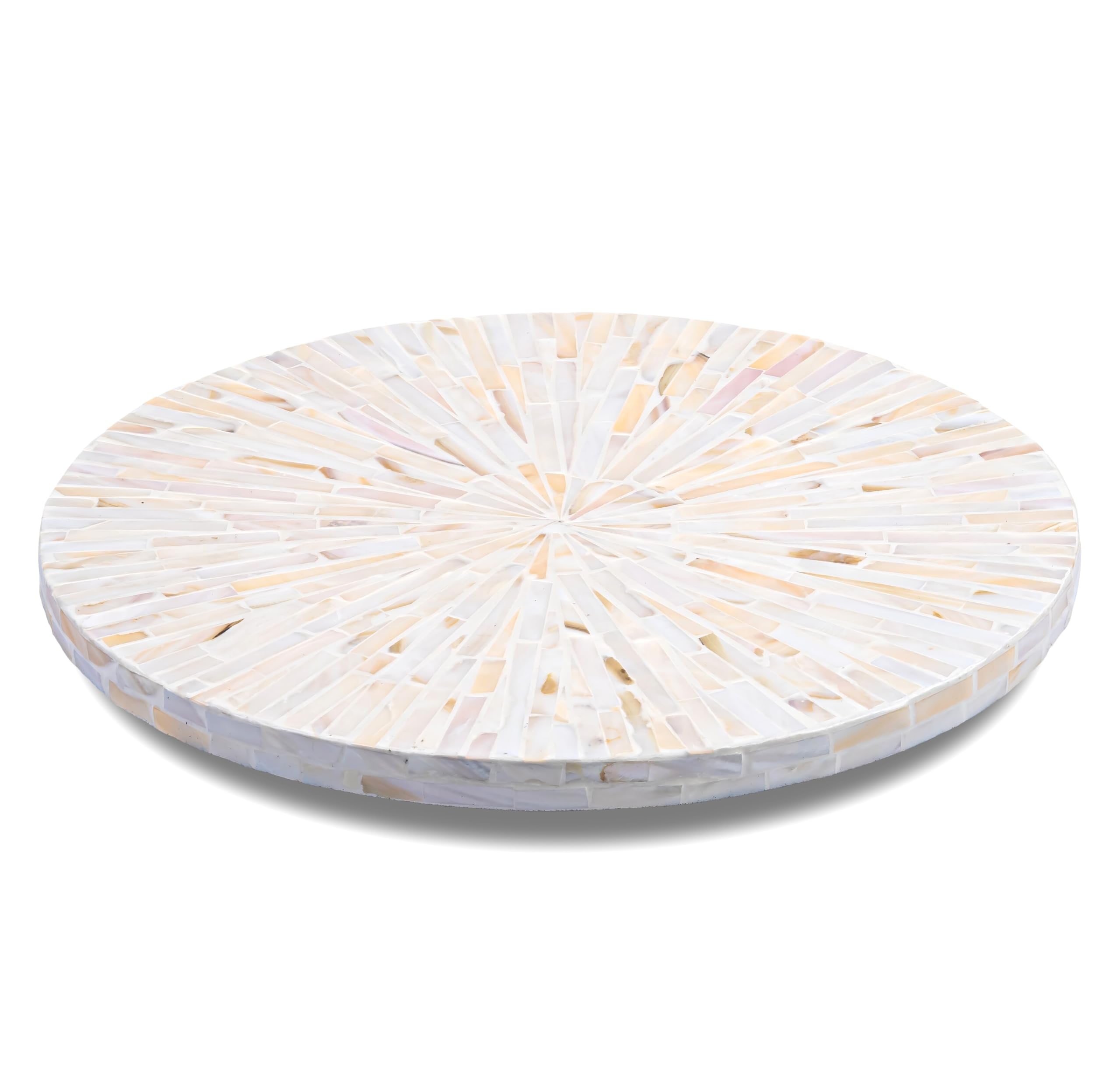Photo 1 of PEMAR Mother of Pearl Lazy Susan Table Top Spinning Tray Wood Decorative Turntable 360 Rotating Organiser for Kitchen, Cabinet, Spice Pantry, Counter 12.6" (White Cream Sunlight/Starburst Pattern)