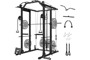 Mikolo Power Cage with Weight Bench, 1500lbs Squat Rack with Cable Crossover, Workout Cage with J-Hook, Landmine, Band Peg, B