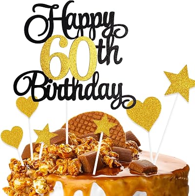 ZHIHUI 7-Piece Personalised Happy 60th Birthday Cake Toppers Black Gold