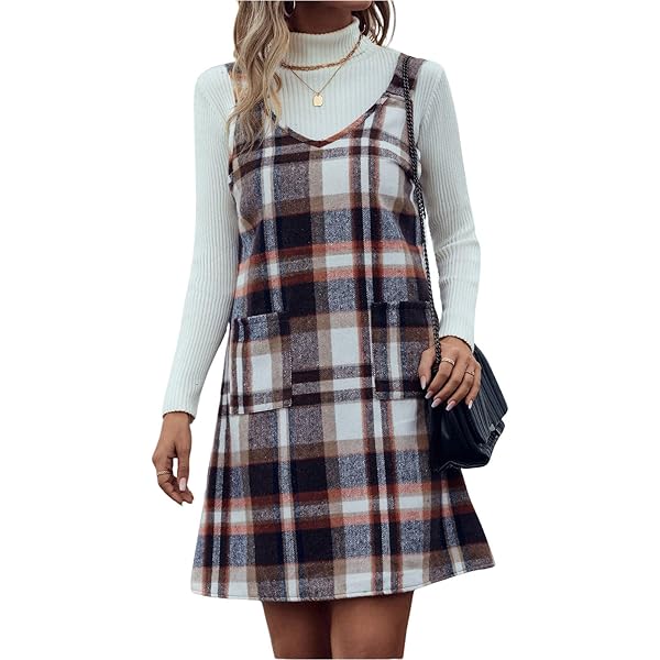 Wool Plaid Overall Dress for Women Casual Sleeveless Winter Fall