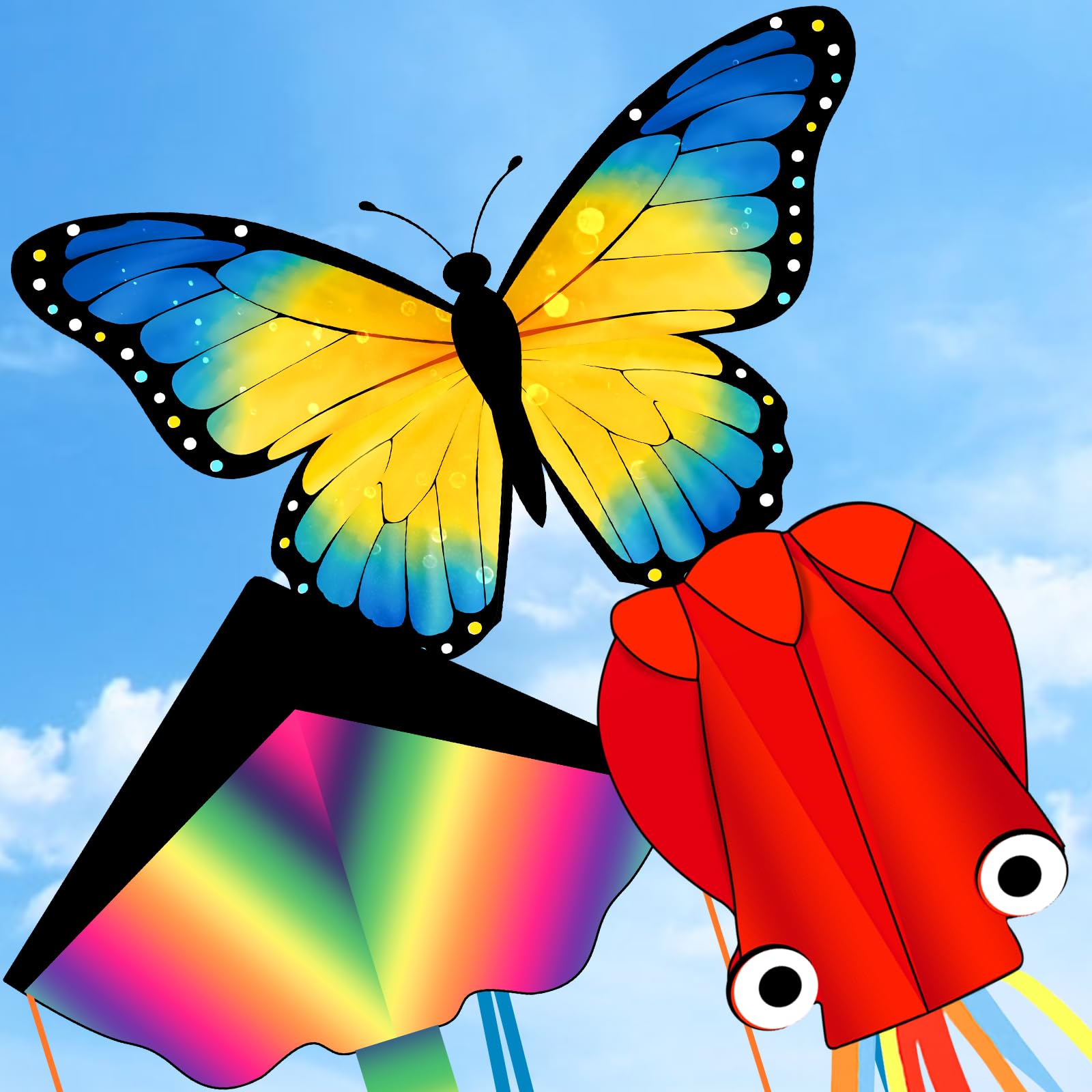 3 Pack Kites, Kite for Kids 4-8 8-12, Yellow Butterfly, Colorful Delta and Red Octopus with String Kite for Kids Girls Boys Holiday Birthday Gift