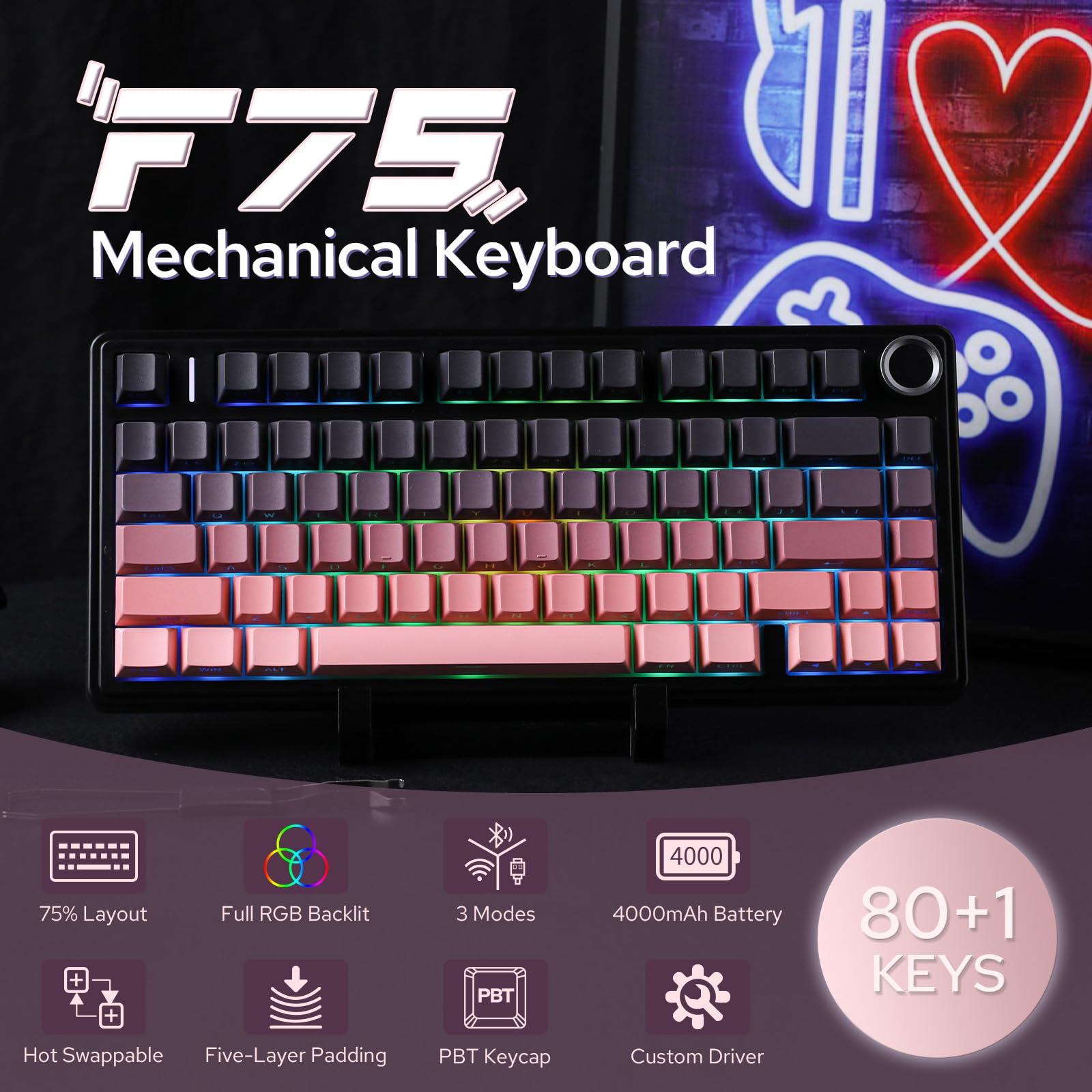 EPOMAKER X Aula F75 75% Wireless Gaming Keyboard, Bluetooth/2.4GHz/USB-C, Hot Swappable Creamy Mechanical Keyboard with 5-Layer Padding&Knob, NKRO, RGB (Black Pink)