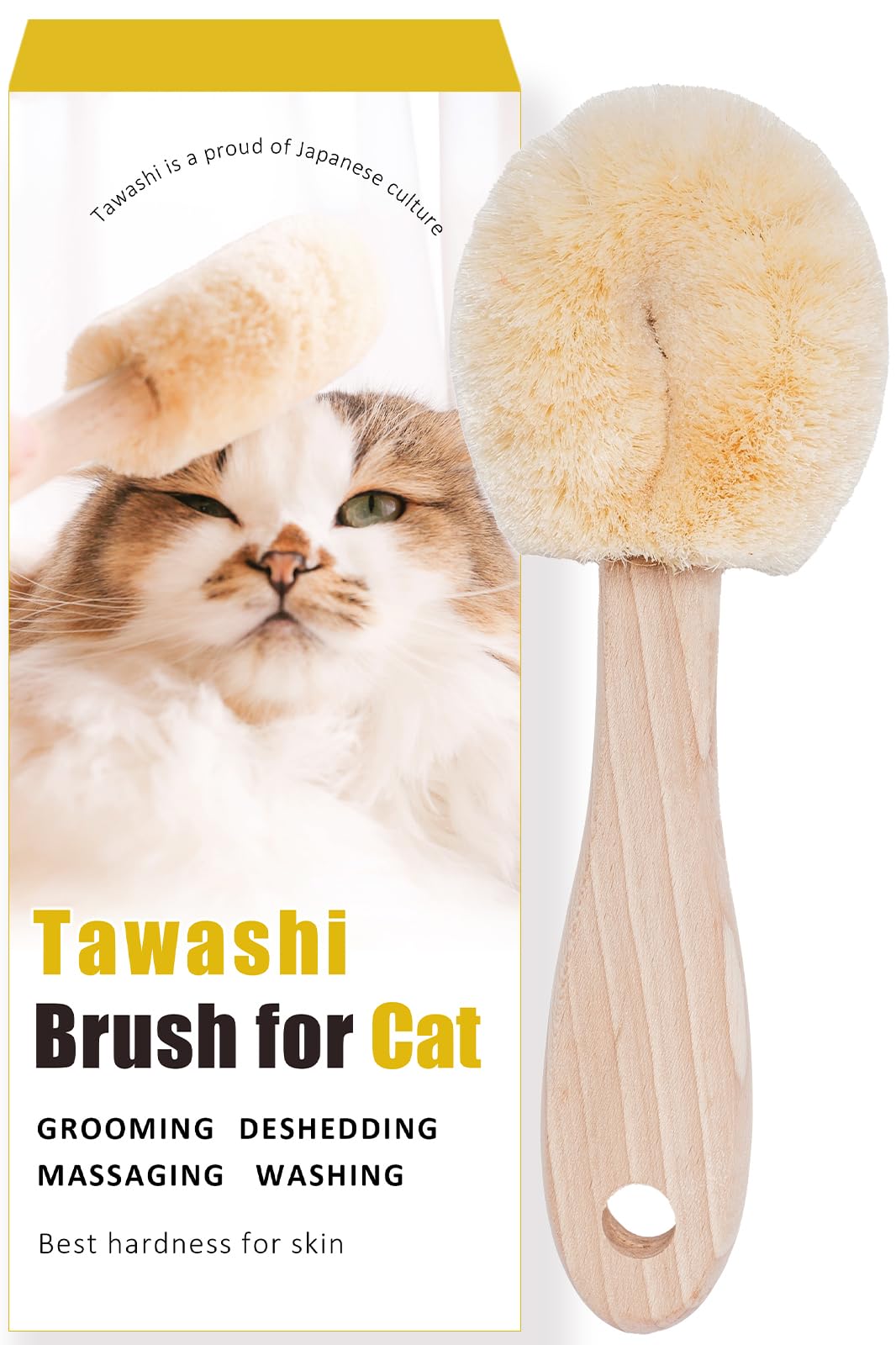 Photo 1 of Wablade Cat Grooming Massage Tawashi Brush with Wood Handle Less Static Natural Sisal fiber Made in Japan (Type-B)