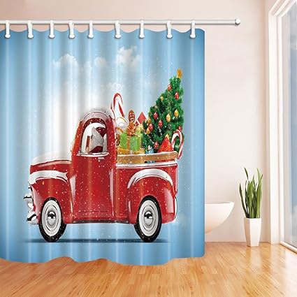 Red Classical Pickup Truck With Tree Gifts And Ornaments Snowy Winter Day Image Blue Red 72x72 Inches Extra Long Fabric Bathroom Decor Set With Hooks Christmas Shower Curtain Salle De Bain Et