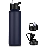 VQRRCKI 40 oz Insulated Water Bottle with Straw, Stainless Steel Sports Water Bottles with 2 Lids (Straw and Wide Mouth lid), Double Wall Vacuum, Leakproof, BPA-Free, Blue