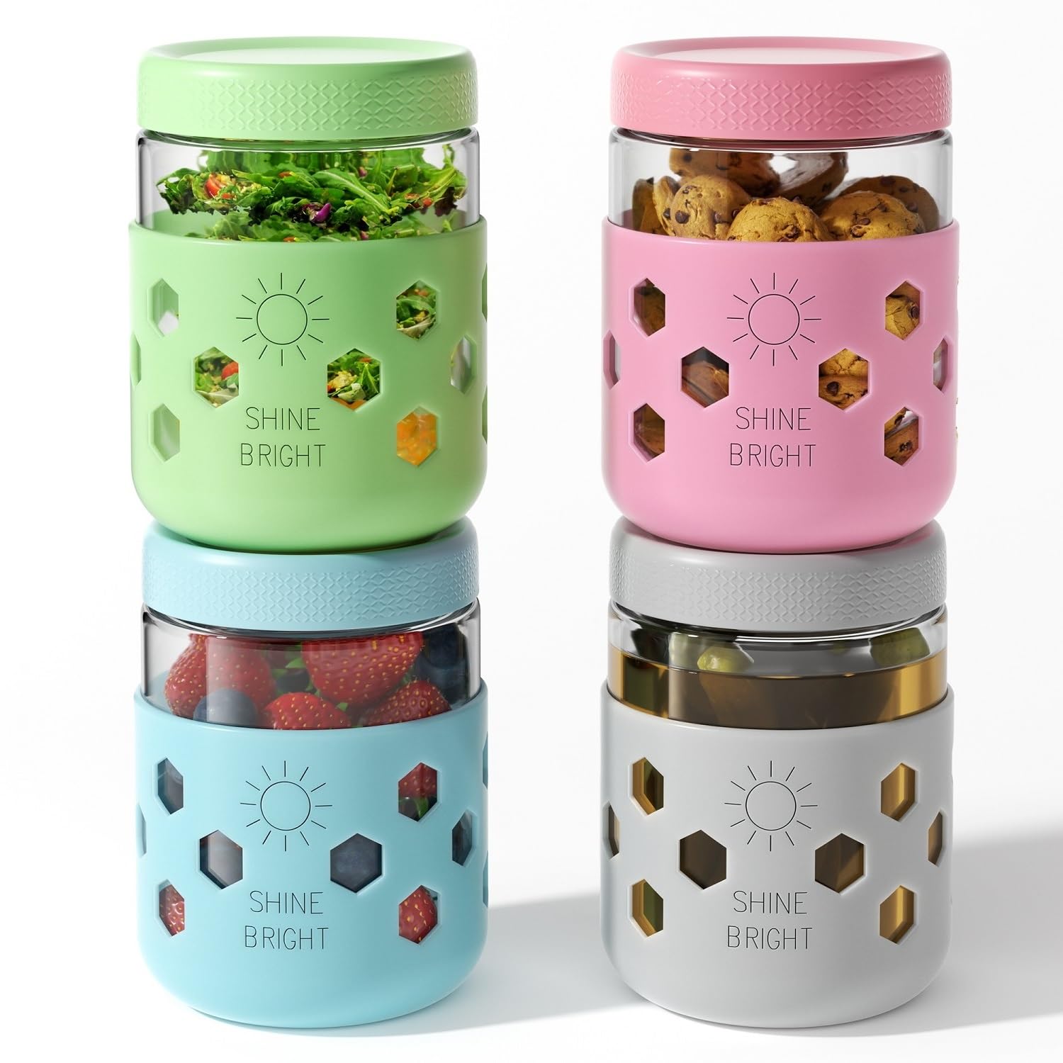 Photo 1 of 4 Pack Overnight Oats Containers with Lids Thickened Glass 16 oz Mason Jars with Silicone Sleeves Airtight Leak-Proof Cereal Meal Prep Jars for Chia Seed Pudding Oatmeal Yogurt Parfait Snacks Salads