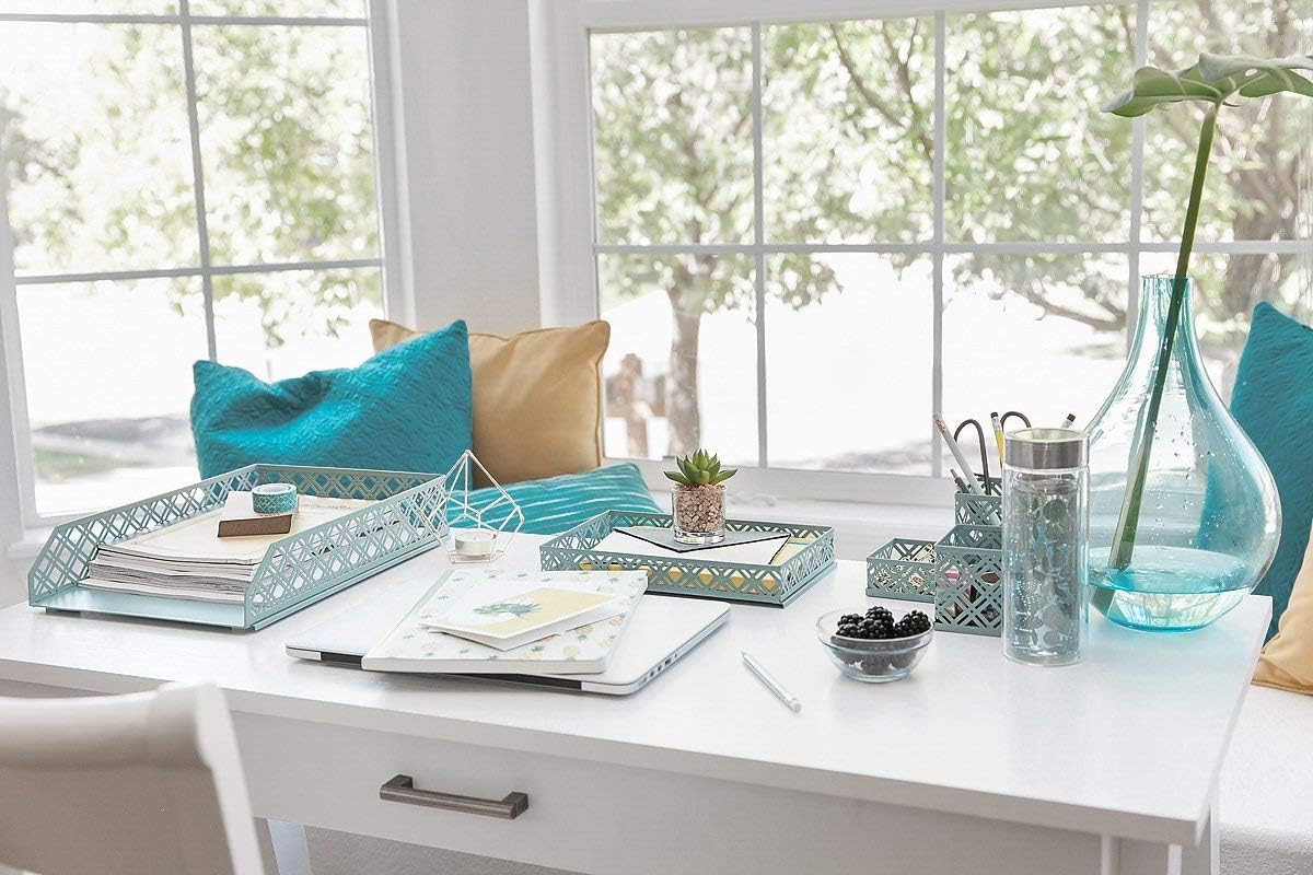 Blu Monaco Office Supplies Teal Blue Desk Organizers and Accessories-5 Piece Interlocking Cute Desk Organizer Set-Letter Tray-Pen Cup-3 Assorted Accessory Trays-Room Decor for Women and Teen Girls : Office Products