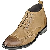 CALTO Men's Invisible Height Increasing Elevator Shoes - Light Brown Premium Leather Lace-up Lightweight Wing-tip Work Boots - 3 Inches Taller - S3652 - Size 9 D(M) US