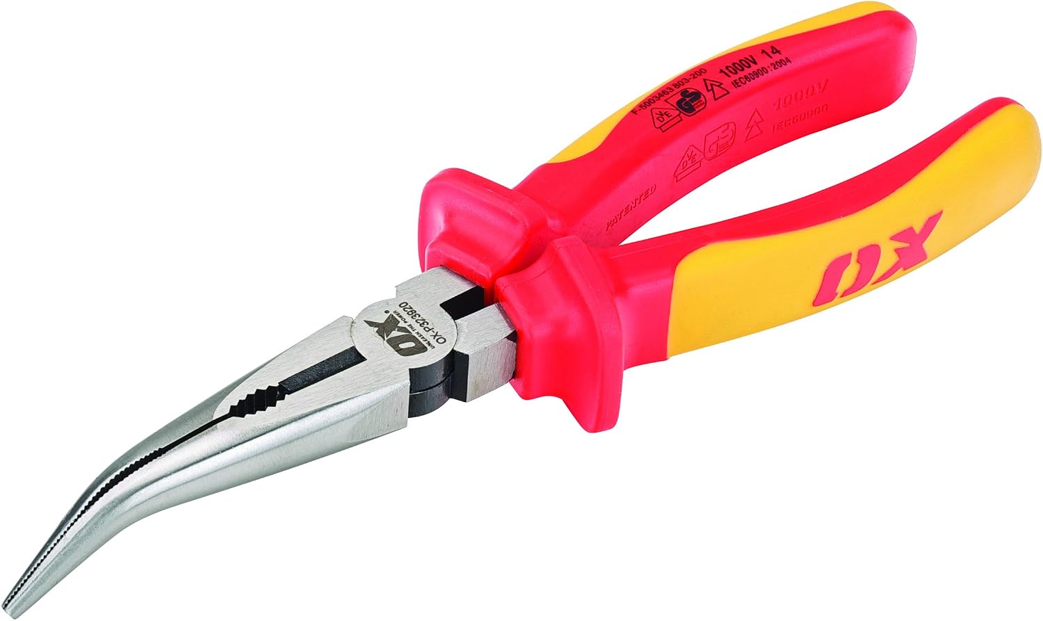 OX Pro VDE Bent Long Nose Pliers - 200mm (8"), Multi-colour, 200 mm